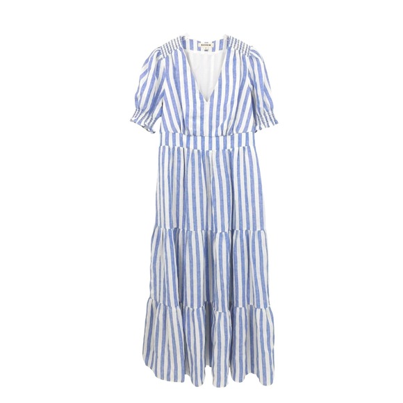 Boden Anna Linen Tiered Midi Dress Blue White Striped Smocked Puff Sleeve - Picture 1 of 6
